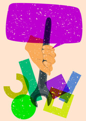 Risograph Wrench with speech bubble with geometric shapes. Objects in trendy riso graph print texture style design with geometry elements.