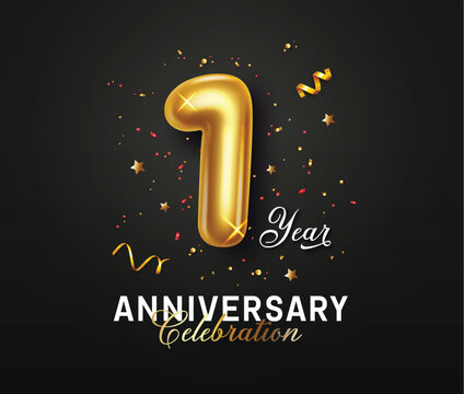 Anniversary one year vector background design. One year anniversary celebration greeting with number 1 gold balloon and confetti elements for invitation card elegant design. Vector illustration 