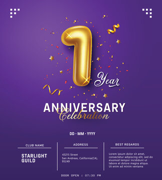 Anniversary invitation card vector template design. 1st year anniversary celebration with number one balloon metallic gold in purple background. Vector illustration anniversary invitation card 