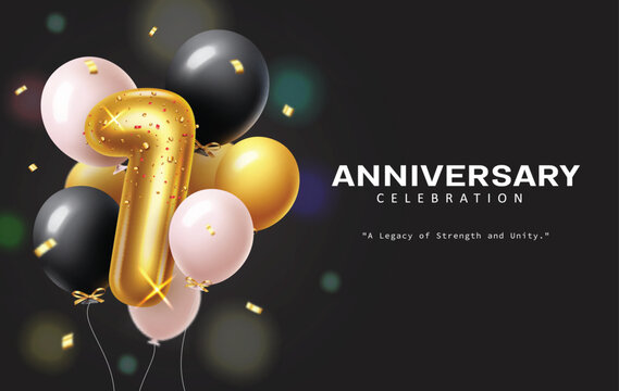 Anniversary 1st year vector template design. 1st year anniversary celebration with one gold metallic balloon and bunch of glossy balloons floating elements for elegant invitation card design. Vector 
