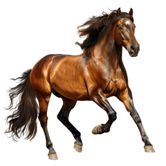 Beautiful brown horse in motion with a flowing mane, showcasing strength and grace in a dynamic pose against a white background.