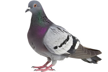 Close-up of a pigeon with vibrant plumage, showcasing its detailed feathers, bright eye, and colorful neck in a studio setting. © Jenjira
