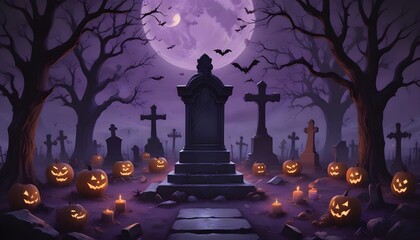 A dark and spooky graveyard scene with a large tombstone in the center