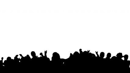 Crowd silhouette of people at a club concert or sports event. Black and White for compositing and presentation. Alpha matte isolated.