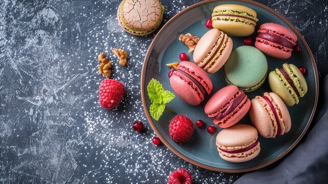 Dessert made with macarons arranged on a plate