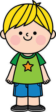 recommend clip art: Cute boy with blonde hair wearing a green shirt and jeans shorts is standing