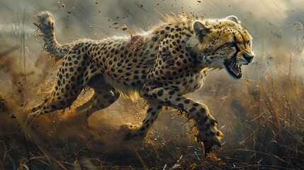 A cheetah runs through a dusty field, its powerful muscles and fierce expression evident.