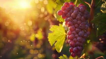 A cluster of ripe red grapes hanging from a vine with sunlight shining through the leaves. - Powered by Adobe