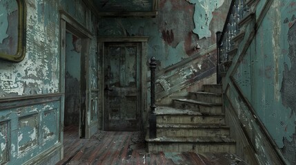 A decaying staircase leads up to an unknown destination in a dilapidated building. The peeling paint and dust-covered floors create a sense of eerie abandonment.