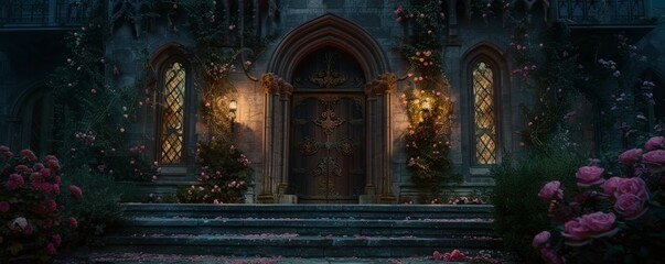 Fototapeta premium A gothic style house with lit lanterns at the entrance.