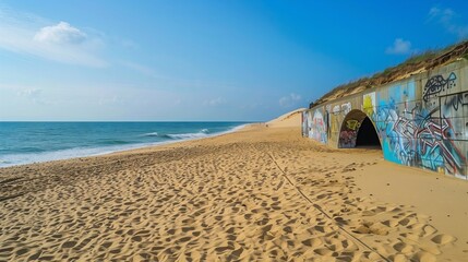 Obraz premium A serene beach with a retired military bunker adorned with murals, embraced by golden sands.