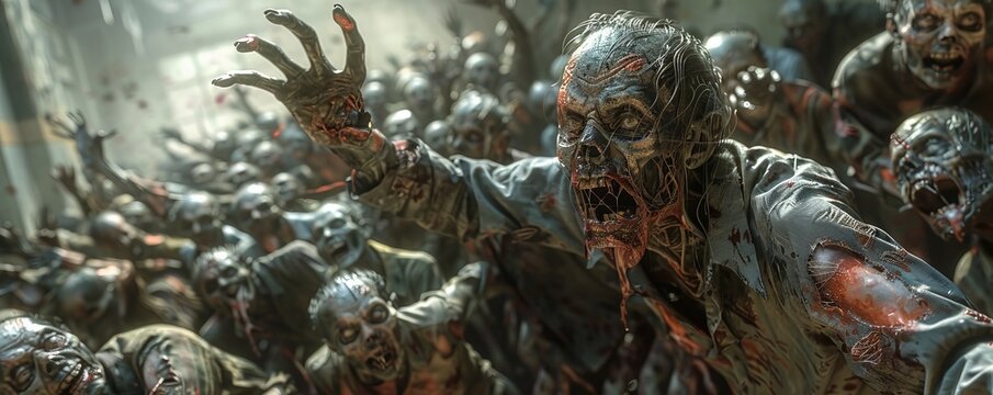 A horde of decaying zombies with outstretched arms.