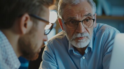 An older person mentoring a younger colleague at work.