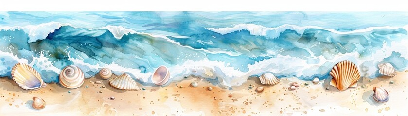 Fototapeta premium Beautiful watercolor illustration of a coastal scene with seashells on the sandy shore, gentle waves, and a serene ocean backdrop.