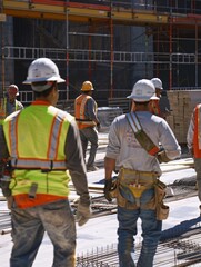 Construction workers on-site, all wearing helmets, safety vests, and gloves. They are following proper safety protocols, with safety signs visible in the background.