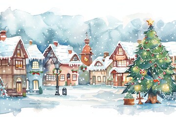 Fototapeta premium Charming winter village scene with snow-covered houses and a decorated Christmas tree, perfect for festive holiday designs.