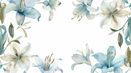 Obraz premium Elegant watercolor floral frame with blue and white lilies, perfect for invitations, wedding cards, and decorative projects.