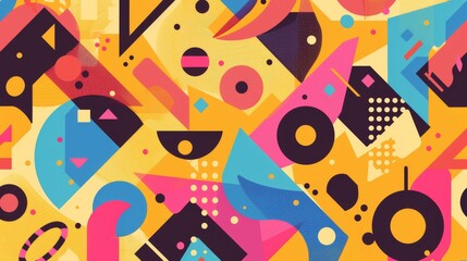 Flat illustration of abstract geometric shapes forming a seamless pattern on a vibrant background.
