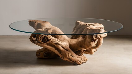 Fototapeta premium Round Driftwood and Glass Coffee Table with Modern Design