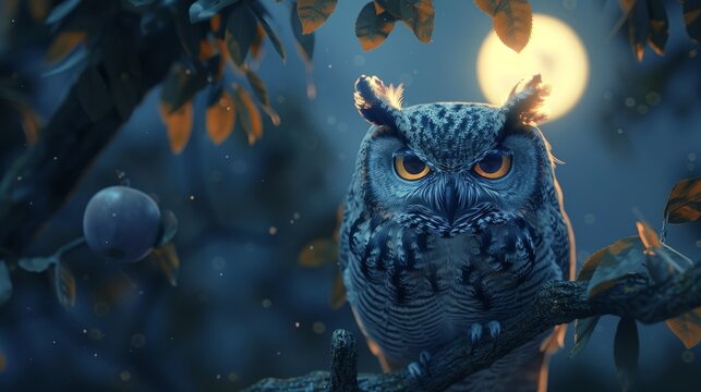 A wise owl perched on a branch under the moonlight, its eyes piercing through the night.