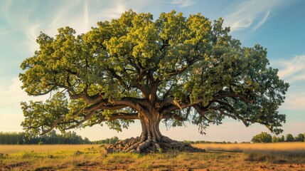 Fototapeta premium A majestic oak tree with deep roots and broad branches stands tall, symbolizing strength and resilience.