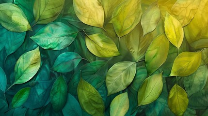 Abstract background of green and yellow leaves with a textured, painterly effect.  Perfect for nature, autumn, or botanical themed designs.