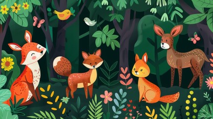 Seamless background with flat illustration of animals in a forest setting, ideal for nature-themed designs.