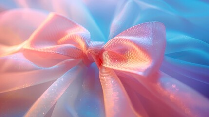 Close-up of a soft, pink ribbon tied in a bow, illuminated by a soft, colorful light. The ribbon appears delicate and ethereal, with a dreamy and