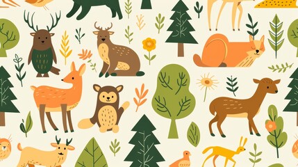 Seamless background with flat illustration of animals in a forest setting, ideal for nature-themed designs.