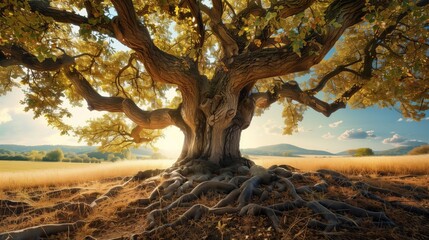 A majestic oak tree stands tall in a field, rooted deeply with wide branches, symbolizing strength and resilience.