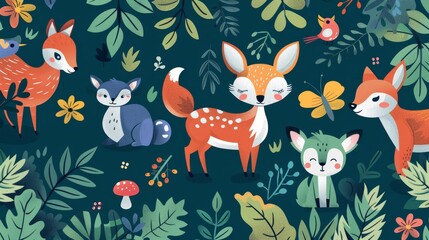 Seamless background with flat illustration of animals in a forest setting, ideal for nature-themed designs.