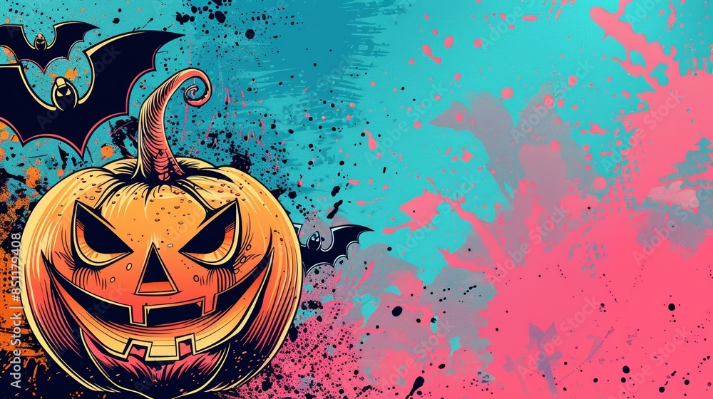 Wall mural spooky halloween background with a jack-o-lantern and bats on a colorful splattered background. - Wall murals