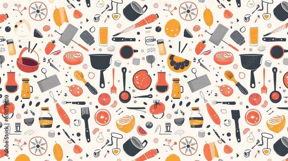 Wall mural Flat design of kitchen utensils and food items in a seamless pattern, ideal for culinary themes. - Wall murals