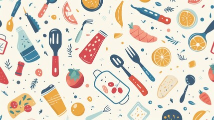Flat design of kitchen utensils and food items in a seamless pattern, ideal for culinary themes.