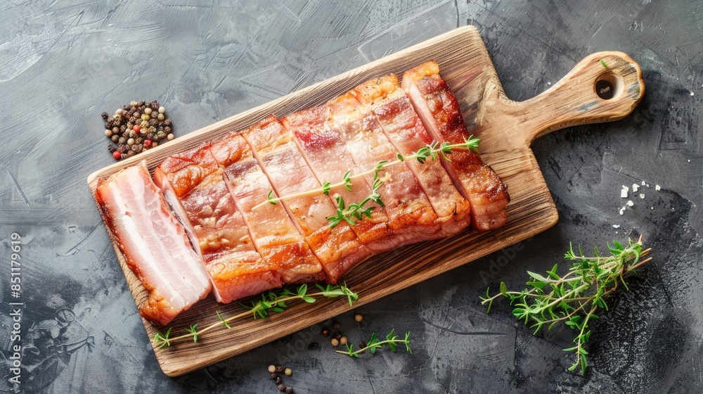 Poster pork belly on cutting board with a gray background top view empty space available