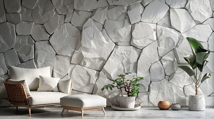 Minimalist living room with a white stone wall, a white couch, and potted plants.  Sunlight streams through the window.