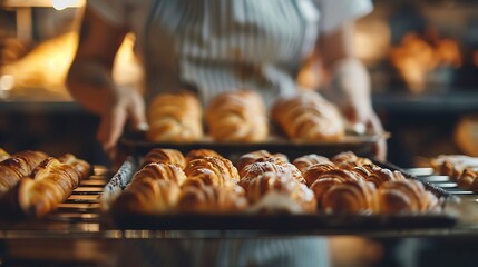 Baker Holding Trays of Freshly Baked Croissants in Rustic Bakery Shop