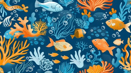 Flat illustration of marine life, including fish and coral, in a seamless pattern for an underwater theme.