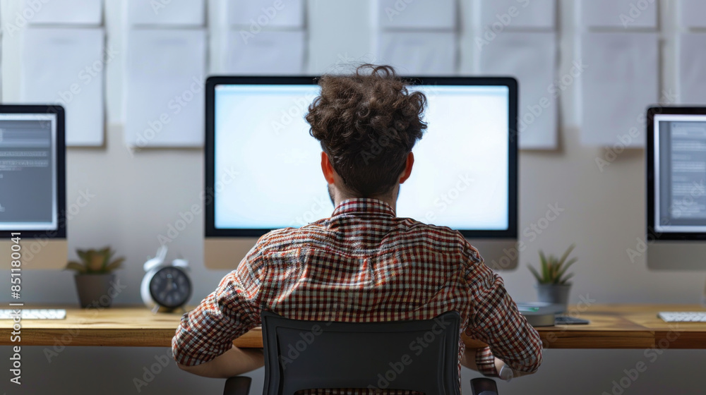 Poster a man is sitting at a desk with three computer monitors in front of him. he is wearing a plaid shirt
