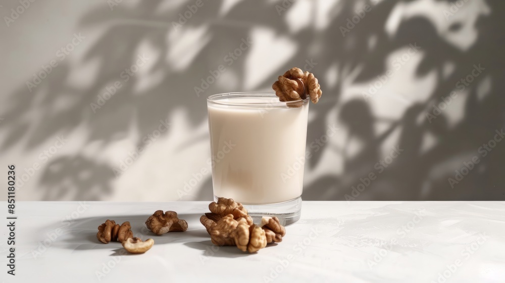 Wall mural Product photography, walnut milk drink in a cup with some walnuts and nuts on a white table, grey background,