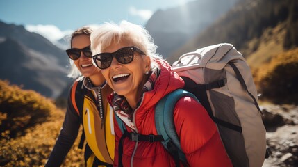Naklejka premium Senior women hiking in the mountains, smiling and enjoying a sunny day adventure, backpacks and trekking gear, detailed realism