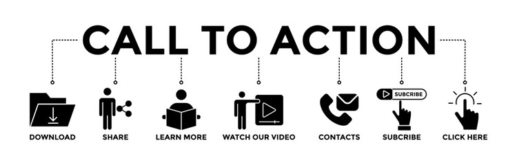 Call to action banner icons set. Vector graphic glyph style with icon of download, share, learn more, watch our video, contact us, subscribe, and click here	