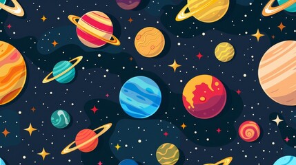 Seamless background with flat illustration of outer space, including planets and stars, for a cosmic design.