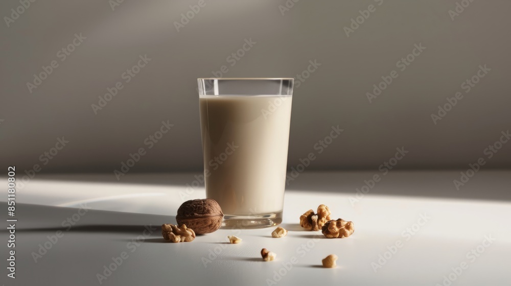 Wall mural product photography, walnut milk drink in a cup with some walnuts and nuts on a white table, grey ba - Wall murals