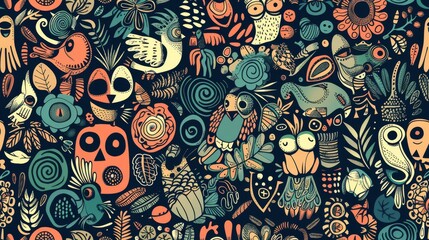 Naklejka premium Flat design of hand-drawn doodles in a seamless pattern, creating a whimsical and artistic background.