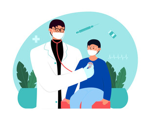 Pediatric doctor doing check up on child. Medicine vector illustration