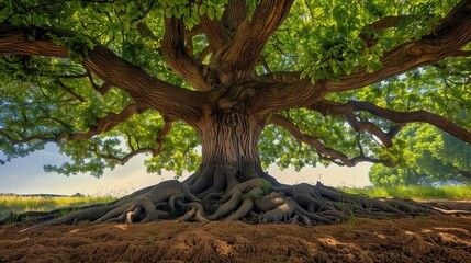 A towering oak stands in an open field, its deep roots anchoring it as wide branches symbolize strength.