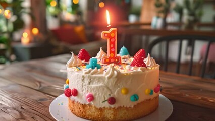 This birthday cake with one lit candle sits on a wooden table.