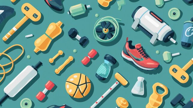 Seamless background with flat illustration of fitness icons and equipment for a sporty theme.