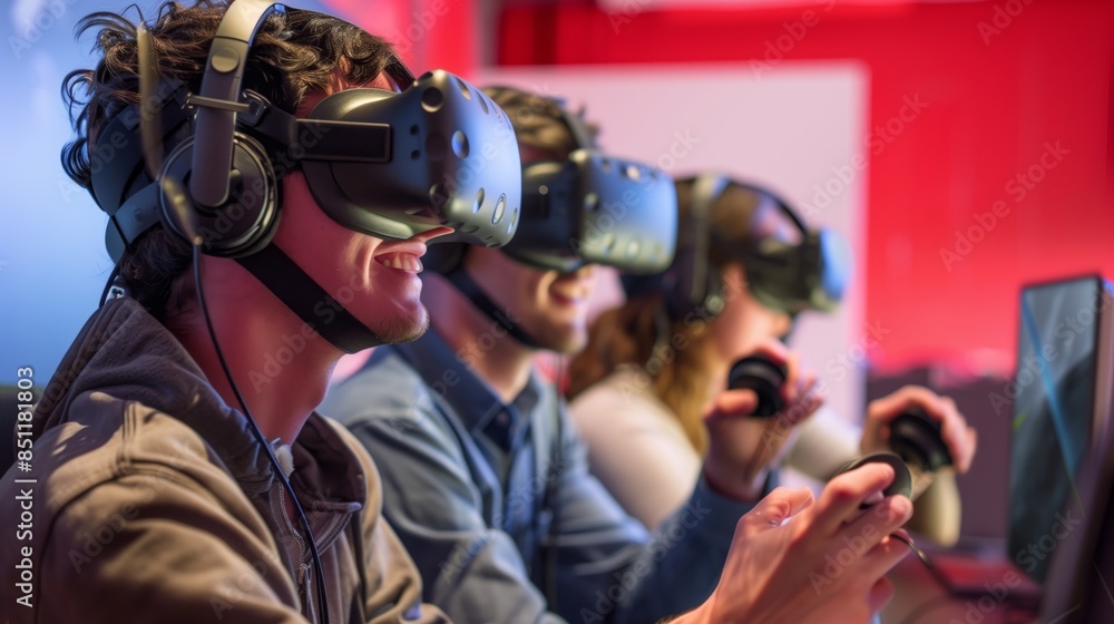 Poster in a tech lab, developers in vr headsets finalize licensing for revolutionary, cutting-edge software